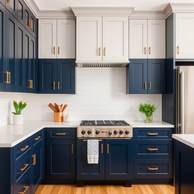 Deep navy blue base cabinets paired with soft light grey upper cabinets and white quartz countertops