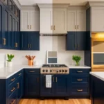 How to Pull Off Blue and Grey Two-Tone Kitchen Cabinets Without Making the Space Feel Cold Modern two-tone kitchen design featuring dark blue lower cabinets, light grey upper cabinets, and white quartz countertops.