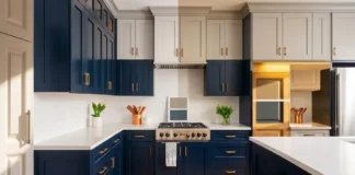 How to Pull Off Blue and Grey Two-Tone Kitchen Cabinets Without Making the Space Feel Cold Modern two-tone kitchen design featuring dark blue lower cabinets, light grey upper cabinets, and white quartz countertops.
