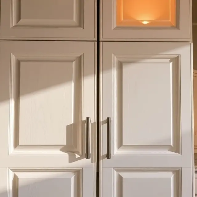 Close-up detail of 'Slate Blue' and 'Warm Greige' paint swatches tested on a shaker cabinet door panel, split by natural sunlight and warm under-cabinet LED light.