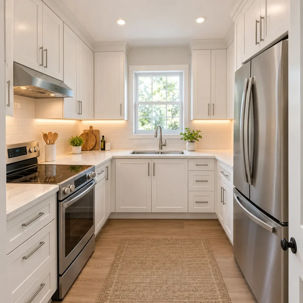 Modern bright 10x10 small L-shaped kitchen with white shaker cabinets extended to ceiling