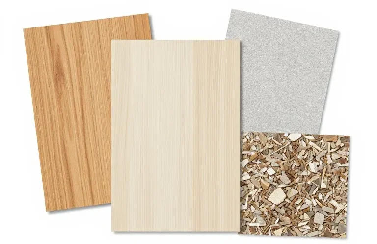 Illustrative close-up of cabinet refacing material samples arranged on a smooth grey surface, including textured wood veneers, smooth laminate swatches, and small curved thermofoil chips, with each category clearly labeled with small text.
