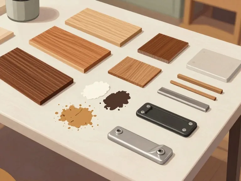 Flat lay display showing wood veneer samples, paint chips, and metallic hardware finishes laid out on a table