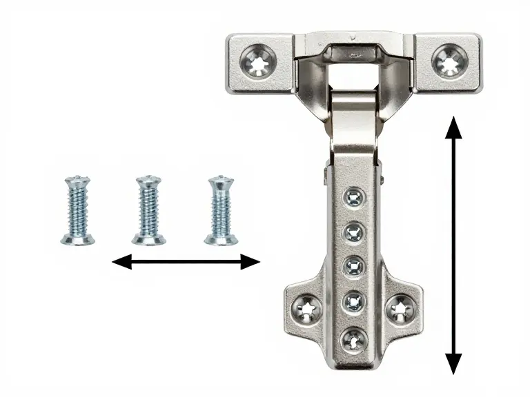 Diagram of a concealed cabinet hinge showing where to turn the screws to adjust a door.