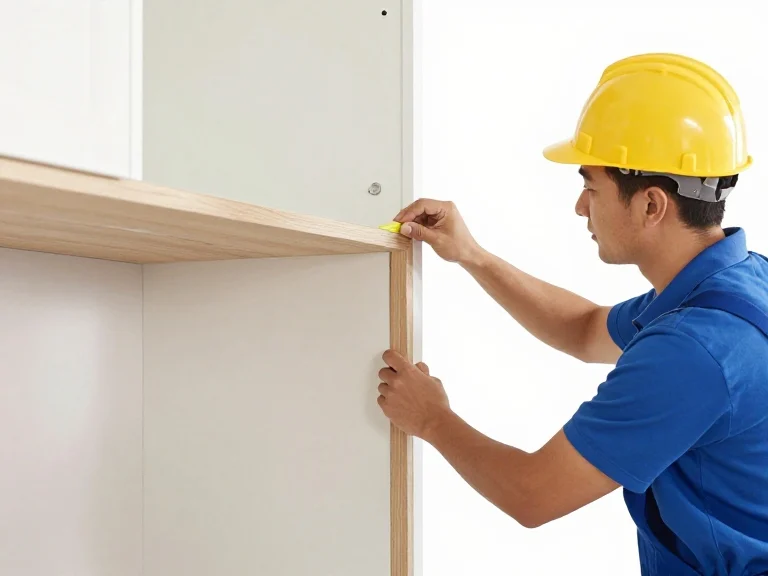 Professional contractor applying matching wood veneer skin to the edge of a kitchen cabinet box frame