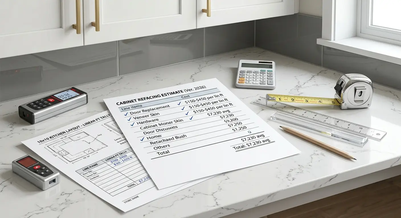 Illustrative close-up of handwritten contractor pricing estimate sheets for cabinet refacing Ver. 2026 and specific measuring tools like a laser measure, tape measure, rule, and pencil, all neatly organized on a gray quartz kitchen countertop.<ctrl57>