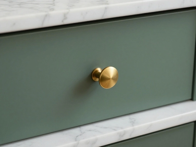 Close up detail of a dark sage green cabinet drawer with a brushed brass cup pull handle set against a white marble countertop.