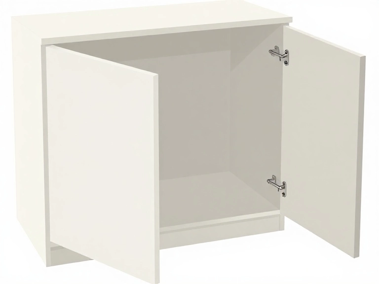 Interior view of an empty wooden kitchen cabinet box being inspected for structural stability