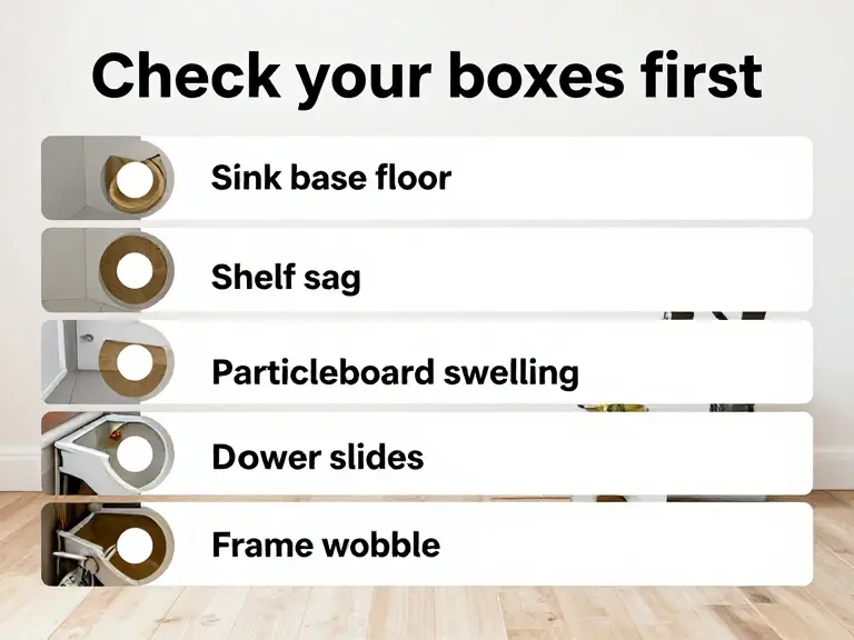 Checklist graphic for inspecting kitchen cabinet boxes before refacing.