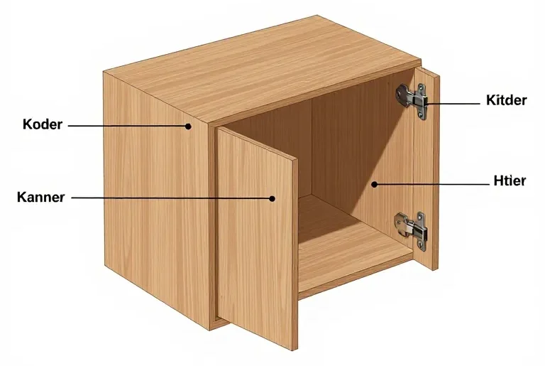 Exploded view illustration of a kitchen cabinet box pointing to doors, hinges, and exterior veneer skins