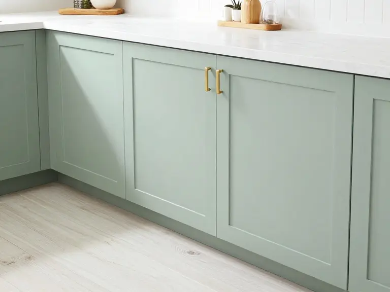 Bright modern kitchen featuring light sage green shaker cabinets, white quartz countertops with subtle gray veining, and warm brushed brass handles.