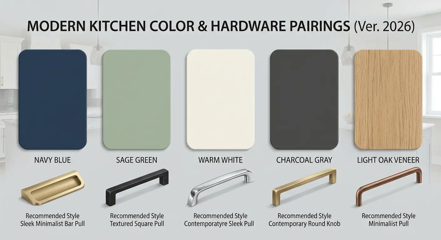 Illustrative guide comparing different modern kitchen color swatches like Navy Blue, Sage Green, Warm White, Charcoal Gray, and Light Oak Veneer, each paired with specific complementary cabinet hardware styles, continuing the professional design guide illustrative style.