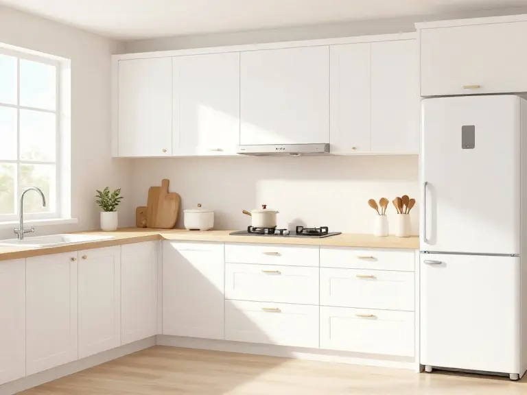 Bright kitchen featuring refaced white shaker cabinets with brushed nickel handles
