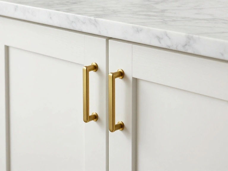 Close up view of rift cut white oak cabinet doors with brushed brass hardware handles and white marble countertop