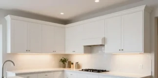What Is Cabinet Refacing And Is It Worth It Wide shot of a bright modern transitional kitchen featuring updated shaker cabinets and clean quartz countertops