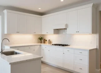 What Is Cabinet Refacing And Is It Worth It Wide shot of a bright modern transitional kitchen featuring updated shaker cabinets and clean quartz countertops
