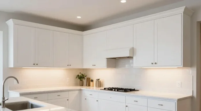What Is Cabinet Refacing And Is It Worth It Wide shot of a bright modern transitional kitchen featuring updated shaker cabinets and clean quartz countertops