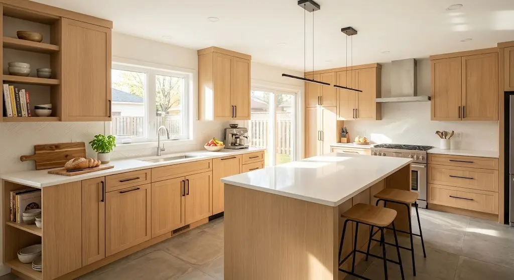 Modern light white oak slim shaker kitchen cabinets with thin matte black hardware and white quartz countertops