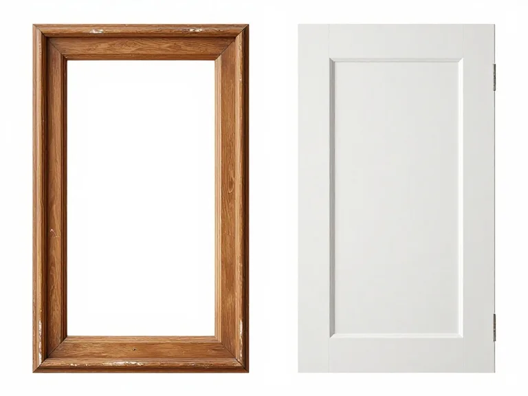 Comparison showing an old worn wooden cabinet box frame side by side with a sleek modern replacement door panel